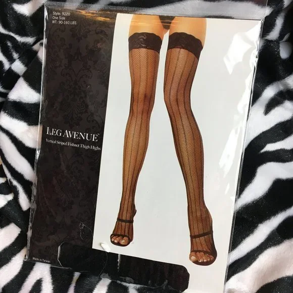 *LEG AVENUE #9220 Thigh Highs Vertical Stripe Fishnet Discontinued NOS NWT