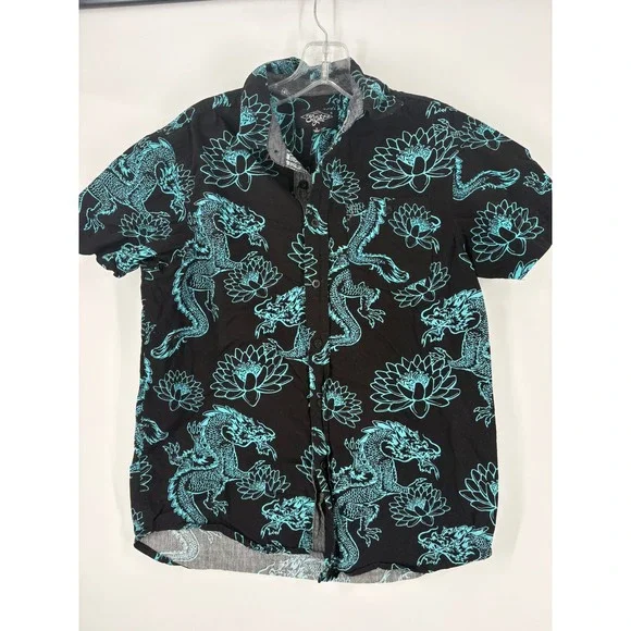 Eighty Eight Mens Black Dragon Lotus Print Short Sleeve Button‎ Up Shirt Size S