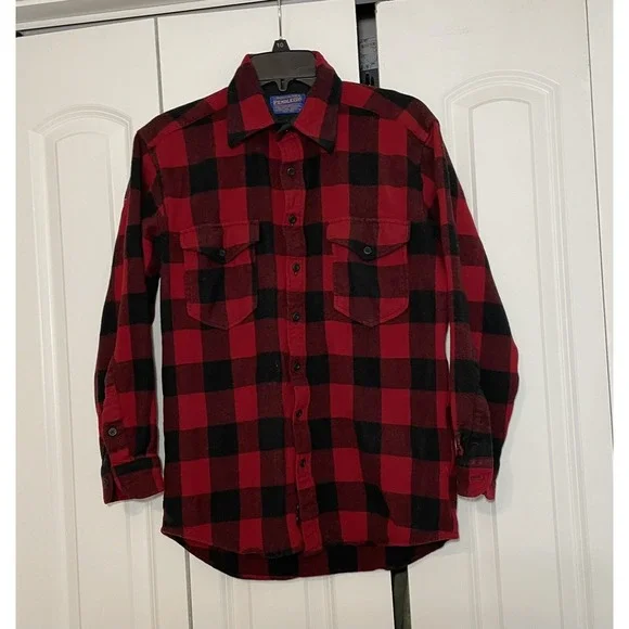 Vtg Pendleton Mens Red Black Shadow Plaid Flap Pockets Loop Collar Shirt M