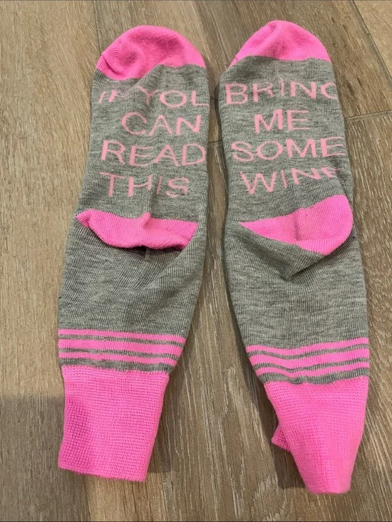 Gray and Pink Novelty Crew Socks with Fun Script
