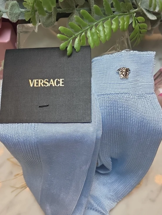Versace Light Blue Medusa Pin Knit Socks NWT