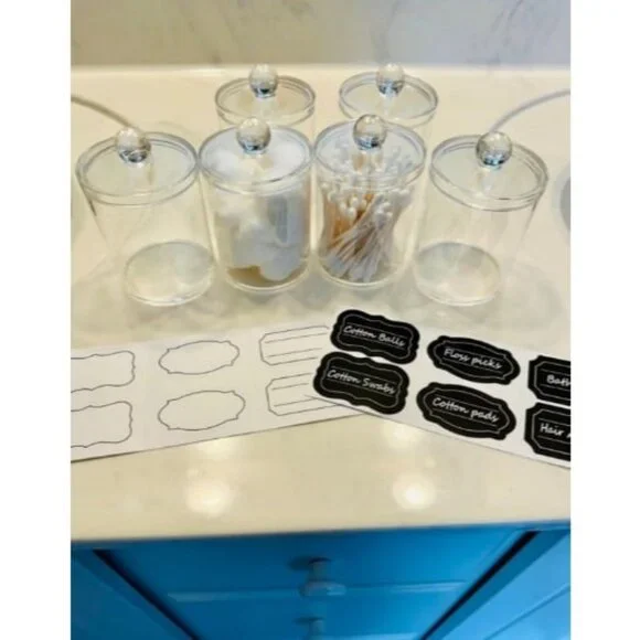 6 Pack of 12 Oz. Qtip Dispenser Apothecary Jars Bathroom with Labels