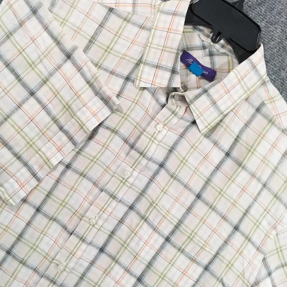 Alan‎ Flusser Shirt Mens XL Multicolor Plaid Short Sleeve Linen Button Up Casual