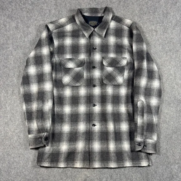 Pendleton Board Shirt Mens M Grey Black Shadow Plaid 100% Virgin Wool 1957