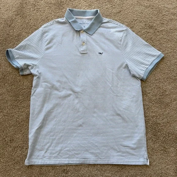 Vineyard Vines Polo Shirt Mens Medium Blue Striped Short Sleeve Whale Logo