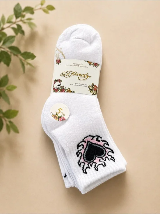 Ed Hardy 5 Pair White Crew Socks