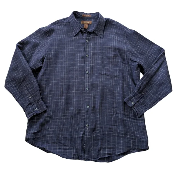 TASSO ELBA Blue Plaid‎ LINEN MENS SHIRT SIZE XL