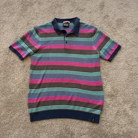 Scotch & Soda Polo Shirt Men XL Multi Color Striped Organic Cotton Knit Top