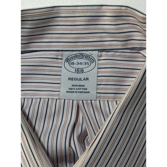 Brooks Brothers Dress Shirt 18 34 - 3 Red Blue Vertical Striped‎ Button Down