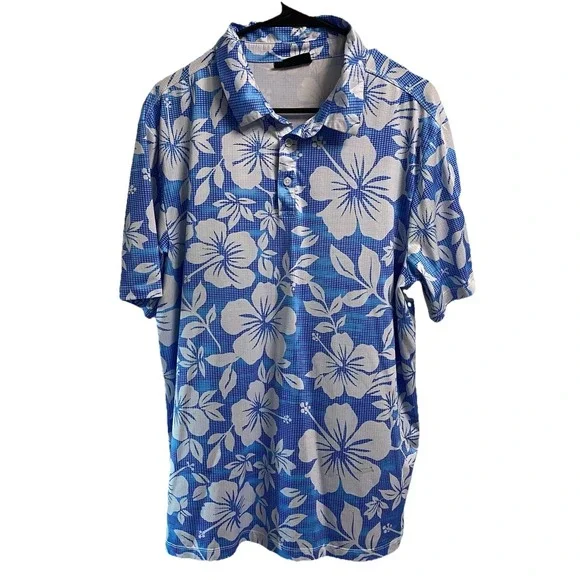 Yatta Golf Polo Men's Aloha Floral Blue&White Stretch Polo Hawaiian EUC L‎