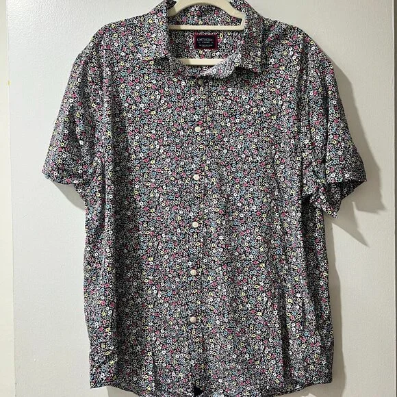 🌿 UNTUCKit Garganega Men's Navy Floral Short Sleeve Button-Up Shirt - XL