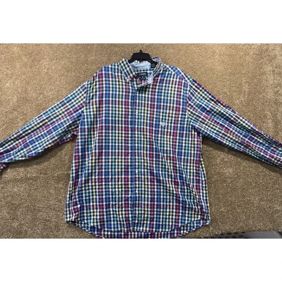 Chaps Easy Care Button Down Shirt‎ Mens 2XLT Multicolor Plaid Long Sleeve Preppy
