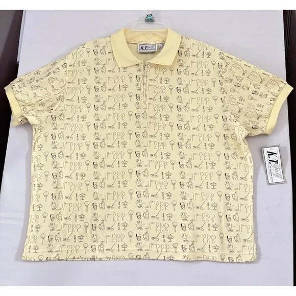 KT Golf Polo Shirt Womens‎ Yellow All Over Print Preppy Casual Golf XL NwT