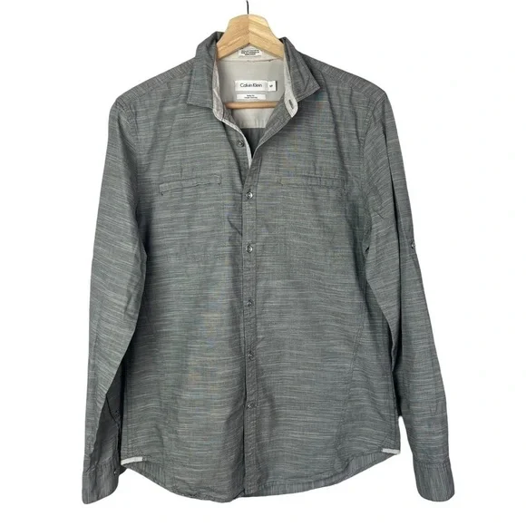 Calvin Klein Heathered‎ Light Gray Body Fit Button Down Long Sleeve S