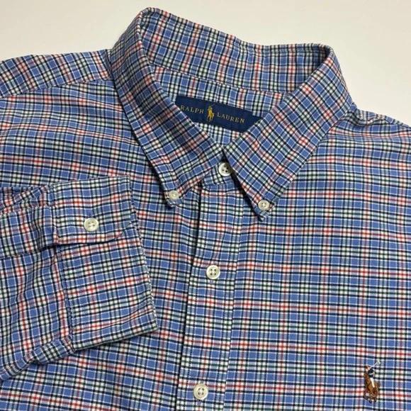 Ralph Lauren Oxford Blue Plaid Mens XXL Long Sleeve Button Down Flesh Pony Shirt