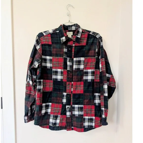 LL Bean‎ Mens Patchwork Madras Plaid Flannel Shirt Long Sleeve Holiday Christmas