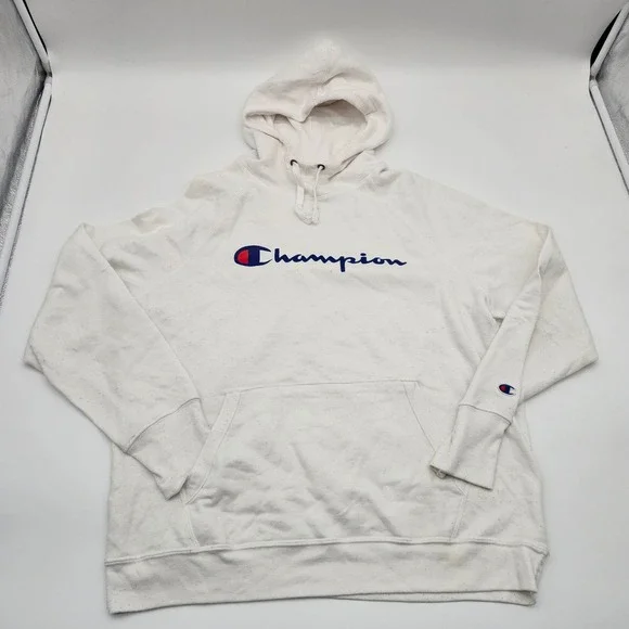 Champion Reverse Weave Hoodie White Speckled Logo‎ Pullover Athleisure Size XL
