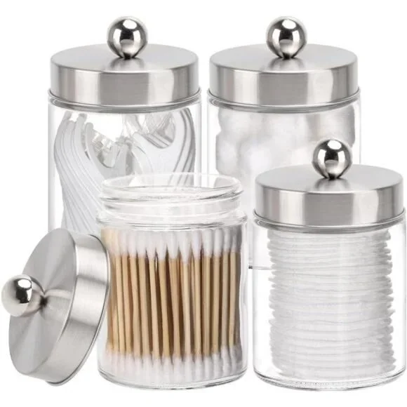 4 Pack Glass Qtip Holder Dispenser, 10-Ounce Bathroom Apothecary Jars