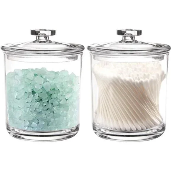 2 Pack 15 Ounce Clear Plastic Apothecary Jars, Qtip Holder, Cotton Swab Holder