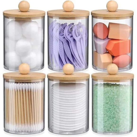6-Pack Bamboo Qtip Holders - Bathroom Storage for Cotton Balls, Swabs, Pads