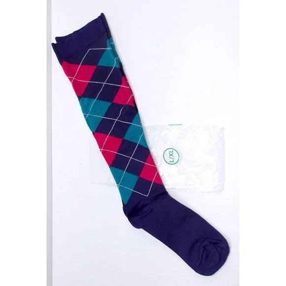 Argyle Pattern Compression‎ Socks LXL Navy Teal Pink Diamond Print L/XL #1372
