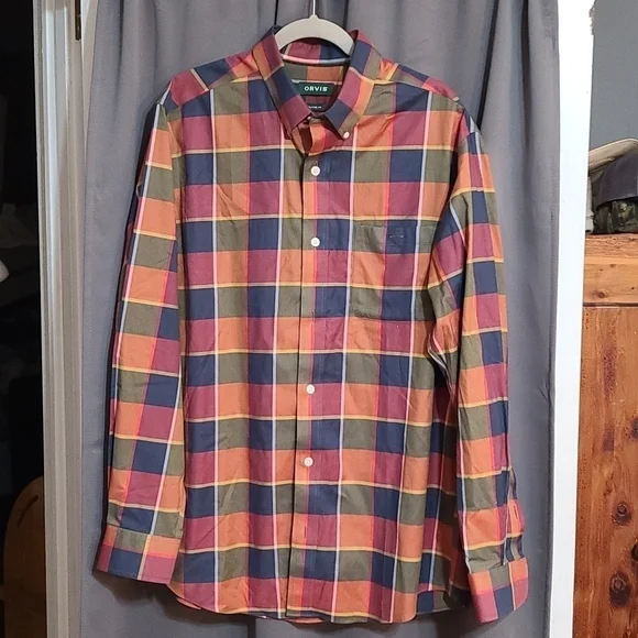 Orvis Mens ButtonDown Plaid Classic Fit Shirt Fall Colors Plaid Size Lg.Tall EUC