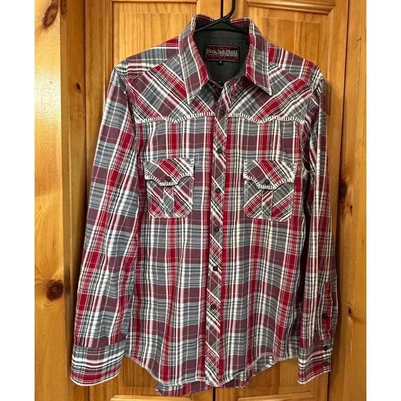 Rock & Roll Cowboy Men's Western Shirt Red Plaid Pearl Snap Rodeo Long‎ Sleeve M