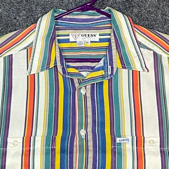Guess USA VTG 90s Striped Short‎ Sleeve Button Up Shirt Mens M Multicolor Cotton