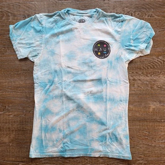 Maui and Sons Shark Graphic Tie Dye T-Shirt Blue White Mens Small Surf Retro