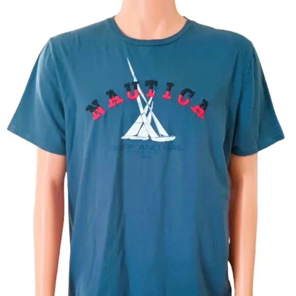 Nautica Blue Short Sleeve Tee Shirt XL Men's Surf and Sail Graphic Stretch