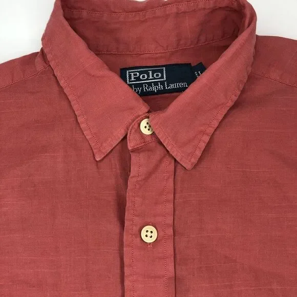 Ralph Lauren Men's Large Salmon Pink Linen Pockets‎ Button Down Casual Shirt