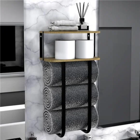 Towel Racks with 2-Tier Wood Shelf, Bathroom Shelves Wall Mounted