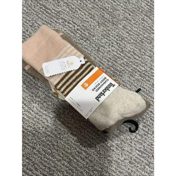 Timberland Neutral Tone Crew Socks with Pink and Brown Accents