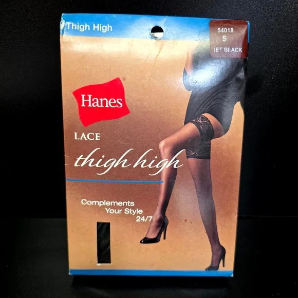 Hanes Lace Thigh High Women Small Jet Black 54018 Sheer Stockings Hosiery NIB