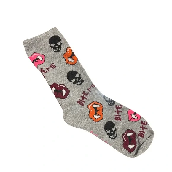 NWOT Betsey Johnson Bite Me Vampire Lips Socks‎ Gray Multi-Novelty Halloween Fun
