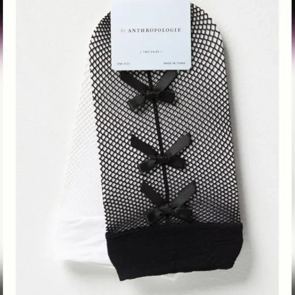 Anthropologie Set Of Two Fishnet Bow Socks NWT