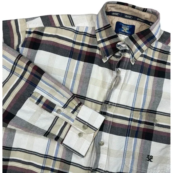 Wrangler TWENTY X Shirt Cream & Brown‎ Plaid Button Down Long Sleeve Men's XL
