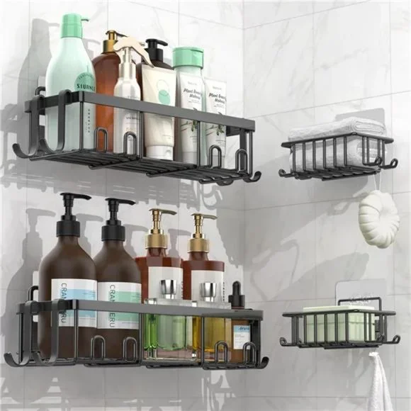 4-Pack Black Stainless Steel Modern Shower Caddy w/ Large Capacity for Bathroom