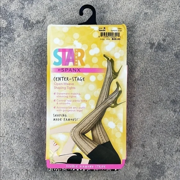 Spanx Star Power Center Stage Shaping Tights Double Diamond Stripe Black Sz B