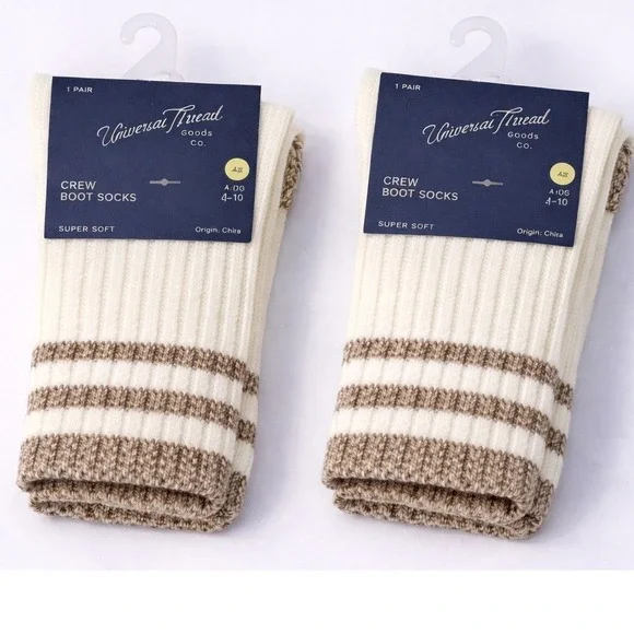 Universal Thread Crew Boot Socks Ivory Brown Stripe 2‎ Pair Size 4–10