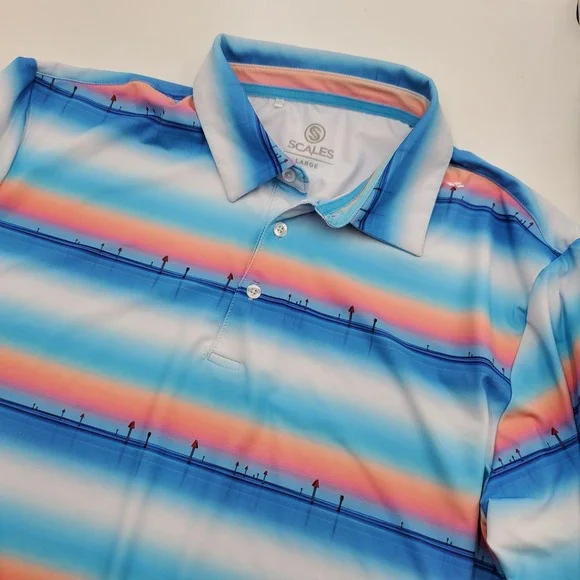 Scales Mens Performance Polo Shirt Large Blue Sunset Nautical Fishing Short Slv