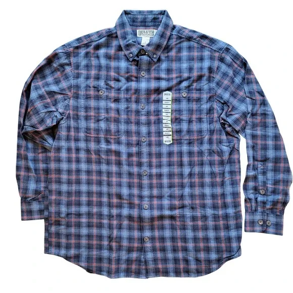 NWT Duluth Trading Co Mens Free Swingin Flannel Blue Orange Plaid L 52007 IKD