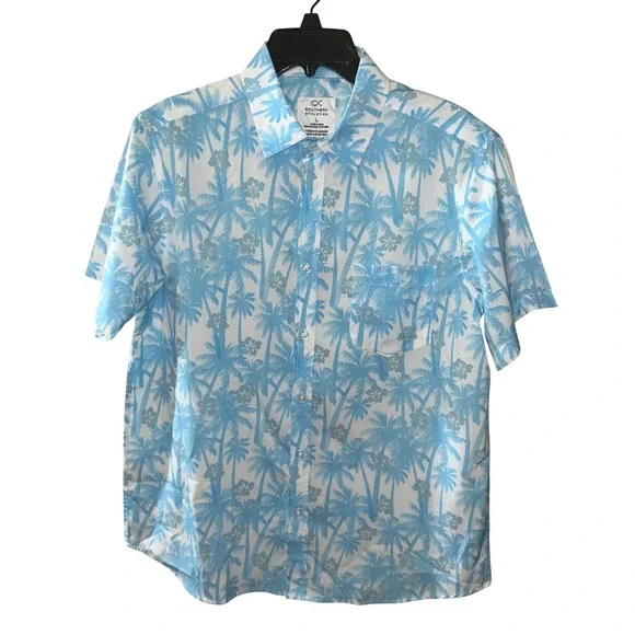 Southern Athletica Mens Blue Palm Tree Tropical Short Sleeve Button Down Shirt L