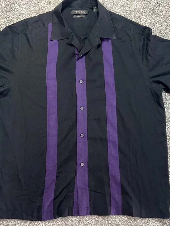 Vintage Men's Axist 100% Silk Black Purple Camp Shirt Vacation Cruise‎ XL