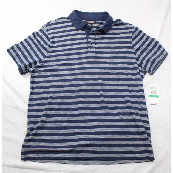 NWT Michael Kors Mens Striped Polo Shirt Large Midnight Blue‎ Cotton