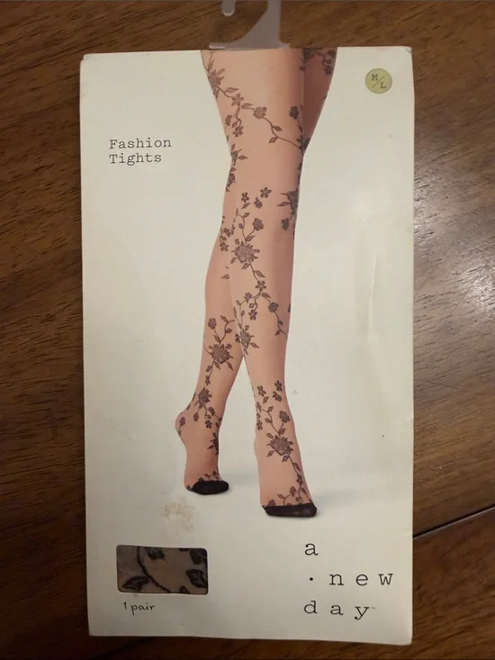 a new day Nude Sheer Tights with Black Floral Print