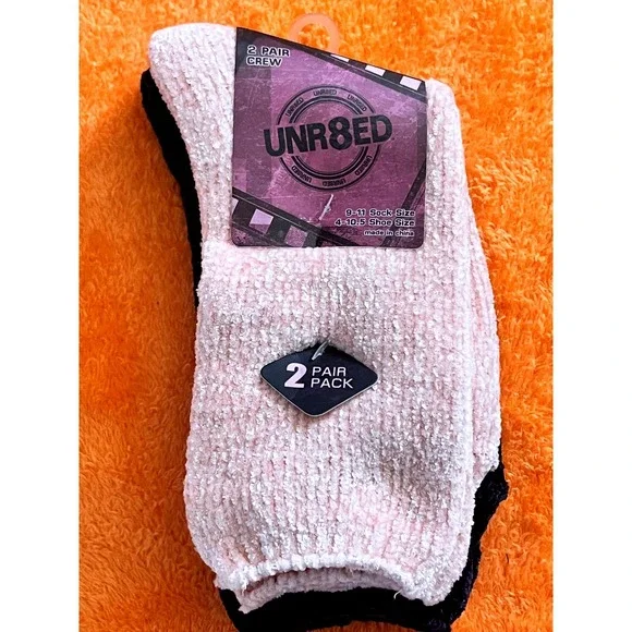 UNR8ED Crew Socks Pink Black Fuzzy Chenille‎ Knit Sock-Lot of 2