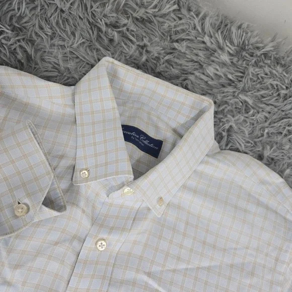 Tom James Executive Collection Shirt Mens XL Tan White‎ Check Button Down Dress