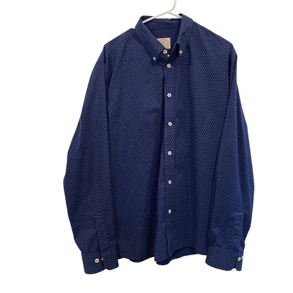 Brooks Brothers Red Fleece Mens XL Navy Blue Polka Dot Stretch Button Down Shirt