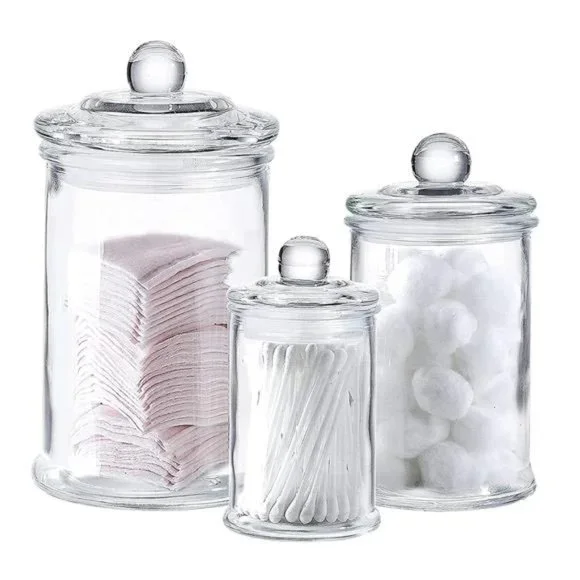 Set of 3 Bathroom Canisters - Container Jars - Glass Apothecary Jars with Lids